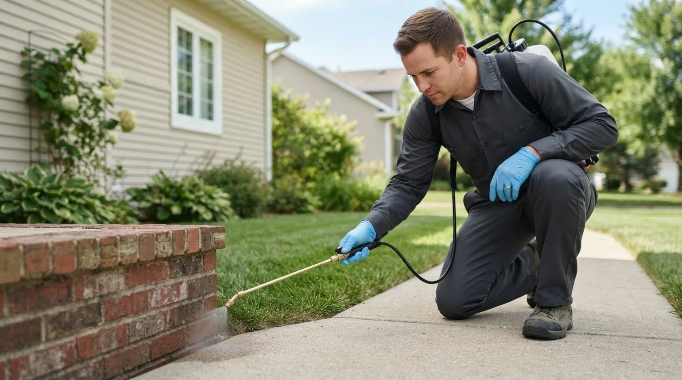 Pest control technician treating a home near Saint John, ND